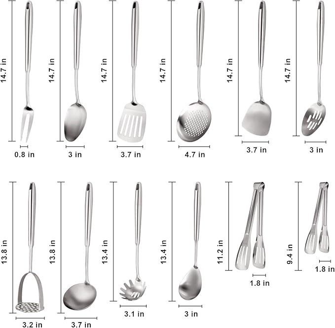 304 Stainless Steel Cooking Utensils Set, Stainless Steel Kitchen Utensils, 12 PCS Long Large Metal Cooking Utensil Tools Set, Potato Masher, Fork, Tongs, Pasta, etc (Dishwasher Safe)