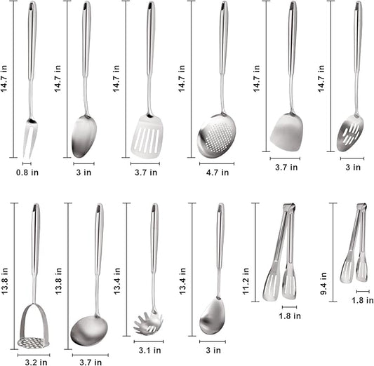 304 Stainless Steel Cooking Utensils Set, Stainless Steel Kitchen Utensils, 12 PCS Long Large Metal Cooking Utensil Tools Set, Potato Masher, Fork, Tongs, Pasta, etc (Dishwasher Safe)