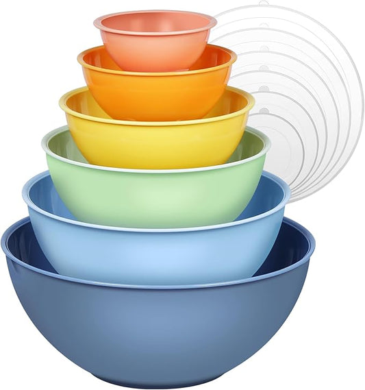 6-Piece Plastic Mixing Bowl Set with Lids for Kitchen, Nesting Storage Bowls for Baking, Prepping,Cooking and Serving Food, Dishwasher, Microwave Safe,Great for Mixing & Serving,Light blue