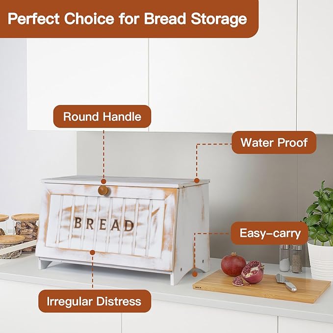 Bamboo Bread Box for Kitchen Countertop, White Vintage Wooden Counter Breadbox, Single Layer Rustic Wood Large Capacity Bread Storage Container Bin