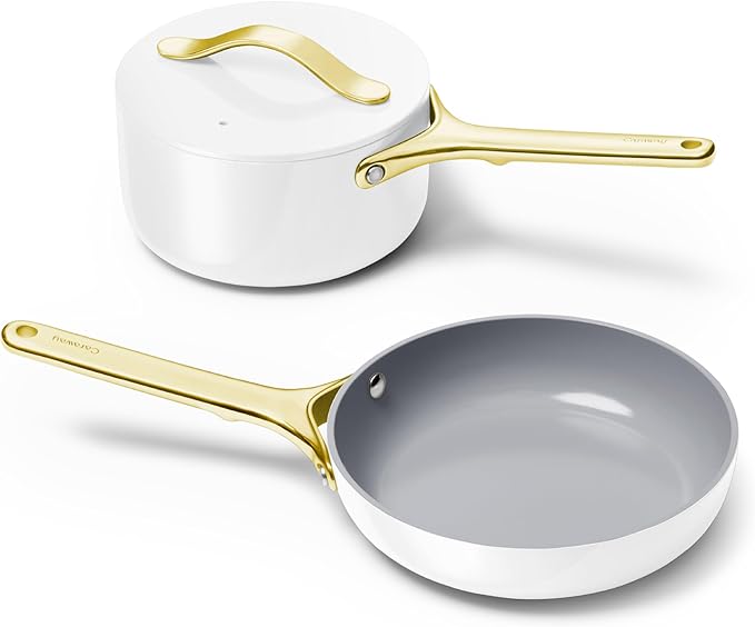 Caraway Mini Cookware Set - Non-Stick Ceramic Fry Pan (1.05 qt, 8") Sauce Pan (1.75 qt) & Storage Rack - Non Toxic, PTFE & PFOA Free - Oven Safe & Stovetop Agnostic (Gas, Electric & Induction) - White