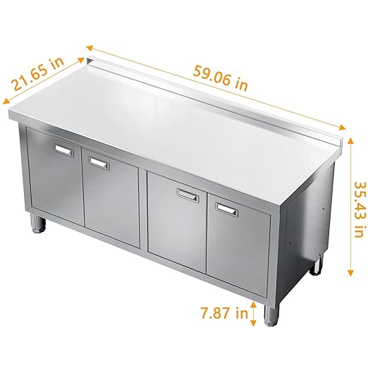 WWK 59" x 21" Stainless Steel Prep Table with Cabinet, Commercial Kitchen Table for Prep & Work, Heavy Duty Work Table with 4 Doors for Kitchen, Restaurant, Hotel, Garage and Cafe