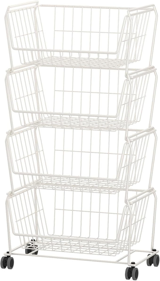 PUSDON Stackable Metal Storage Carts, Dual Use Shelf for Kitchen Fruit Vegetable Baskets with Wheels, Storage Rack for Living Room, Home & Office, Standard White 4 Tiers
