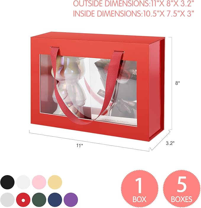 5 Gift Boxes with Windows, Gift Boxes with Lids and Handles, Clear Magnetic Gift Boxes for Presents, Bridesmaid Proposal Boxes (10.5x7.5x3 Inches