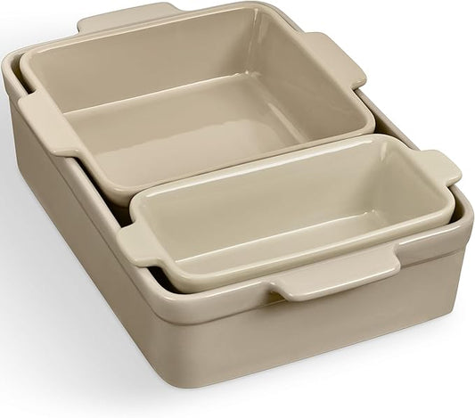 Best Choice Products Set of 3 Large Serving Trays, Party Platters and Ceramic Non-Stick Bakeware For Appetizers, Charcuterie, Snack, Dessert, Casserole, Sour Dough Bread Loaf - Mushroom Beige
