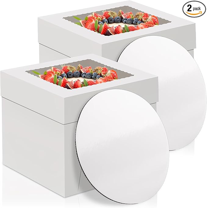 WINKIO 10 Inch Cake Box with Cake Boards, 2 Pack Disposable Cake Carrier, Cakes Transport Container, White Bakery Holder with Window, for Cookies Pies Cupcakes Pastry (10×10×8 Inches)