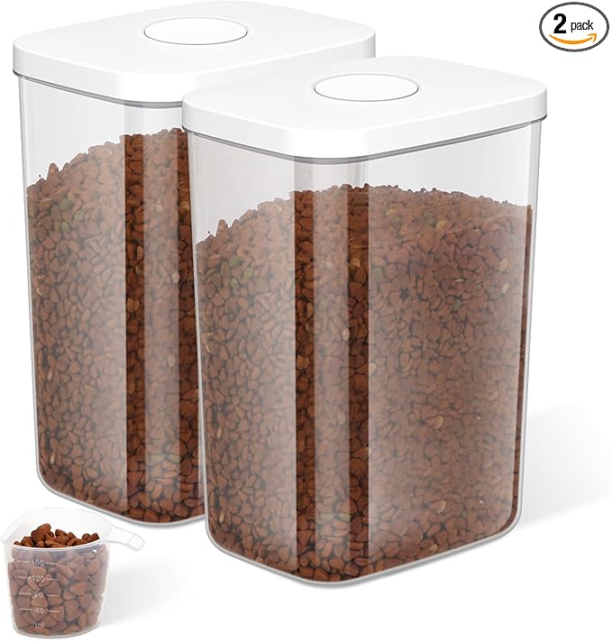 5-8 Lbs/6Qt Airtight Dog Cat Food Storage Container and Pet Storage Bin BPA-Free, PET Clear Stackable Dog Treat Containers Measuring Scoop Suitable for Dogs Food, Cats Food and Other Dry-2Pack