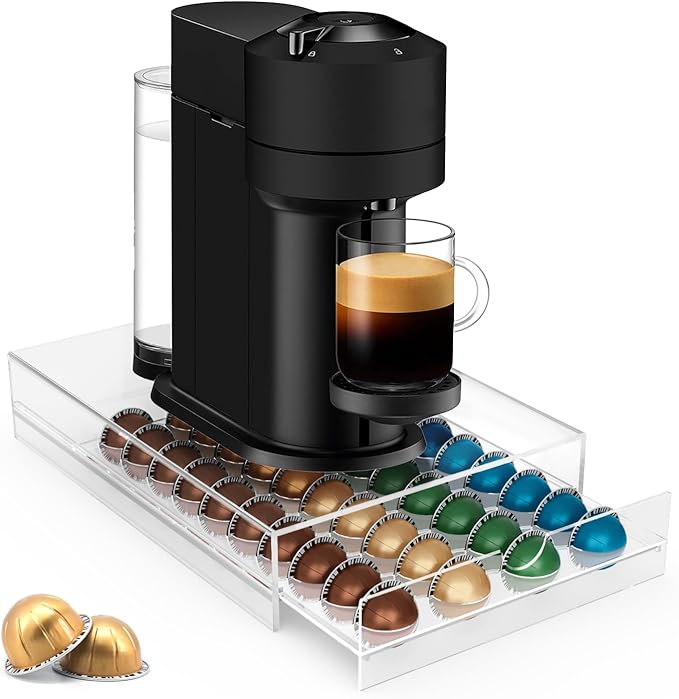 Acrylic Coffee Pod Holder Storage Drawer, Clear 40 Pods Coffee Capsule Organizer for Countertop, Pod Holder for Coffee Pod and Espresso Machines