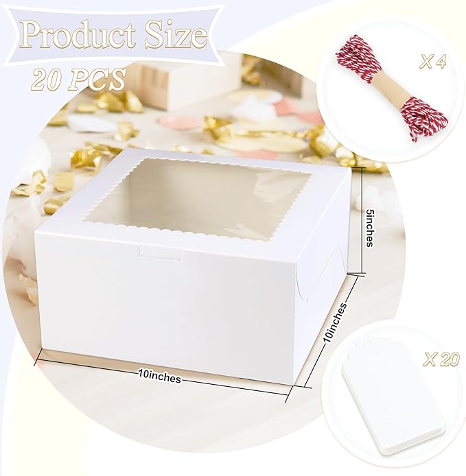 20Pcs 10 Inch Cake Boxes with Window, 10x10x5 Inches White Bakery Boxes, Cake Carrier Container for Pastries, Pie, Cookies, Chocolates, Cupcakes, Birthday Party, Wedding
