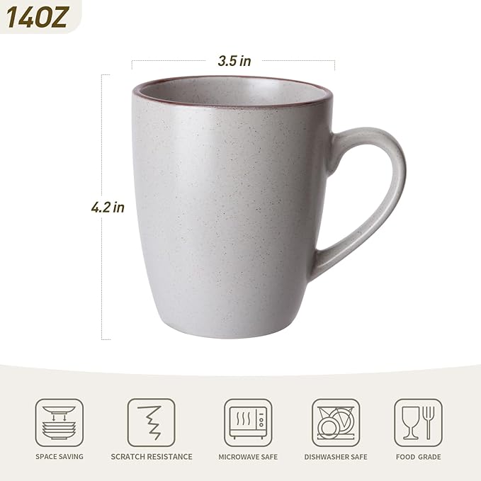 famiware Venus Coffee Mugs for 6, 14 oz Mug Set, Dringking Cup with Handle for Coffee, Tea, Cocoa, Milk, Ligth Gray