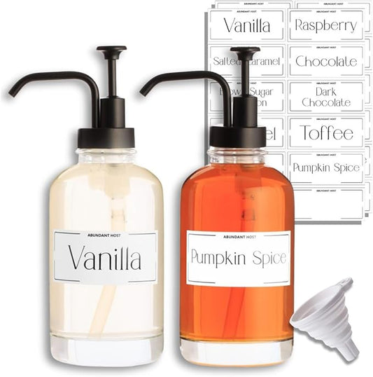 Coffee Syrup Dispensers, Set of 2, Coffee Syrup Bottles with Pump and Labels, 500 ml, Espresso Bar Accessories, Glass Bottles with Pump, Black Upgraded Dispenser, 16.9 oz