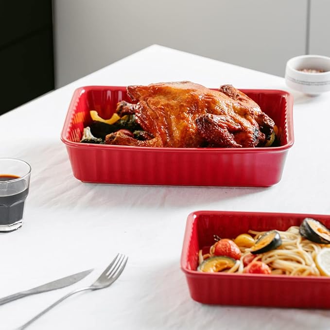 Ceramics baking dish set of 2, Rectangular Baking Dish, Lasagna Pans for Cooking, Kitchen, Cake,Dinner, Banquet and Daily Use, 12x 8 Inch & 8.95 x 6 inch of Casserole Dishes (Red)