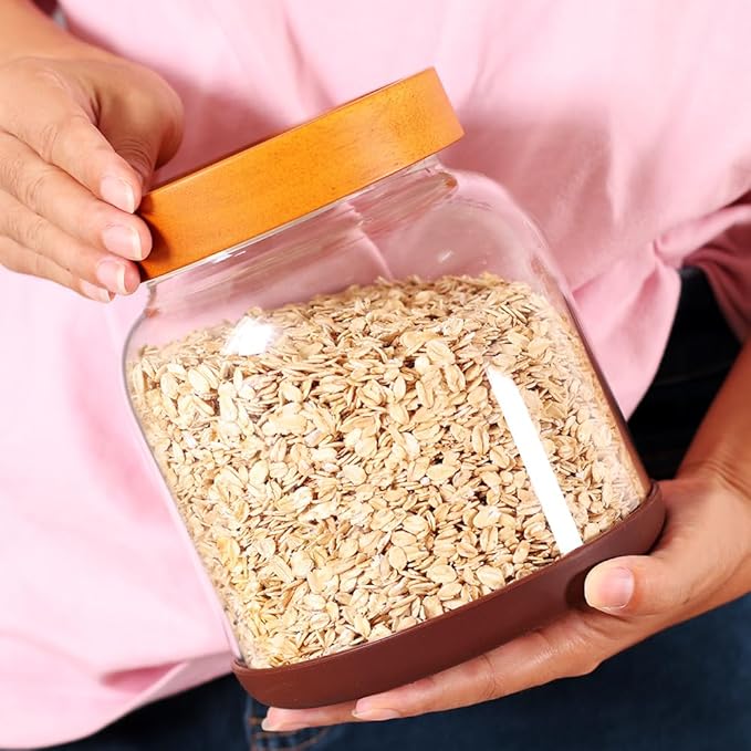 SAIOOL Large Capacity Screw Glass Food Storage Jars (Set of 2) - Diam 15cm x H16cm 2000ML Kitchen Canisters for Flour, Rice, Pasta, Leakproof Design with Yellow Wood Lid & Accessories