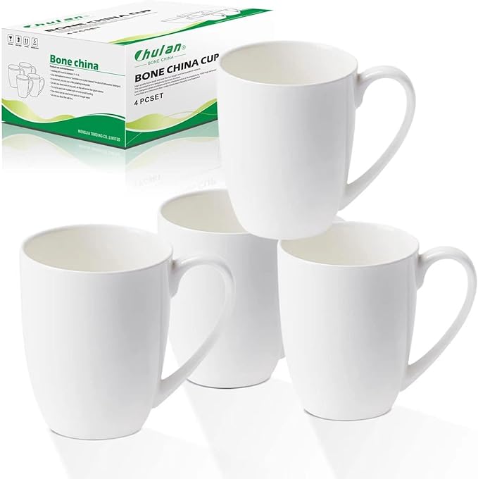 White Thin Over 45% Bone Content Fine Bone China Coffee Mugs 10 oz, Lightweight Porcelain Cups for Espresso Latte Mocha Cappuccino, Luxury Ceramic Tea Cup Set of 4, Dishwasher Microwave Freezer Safe
