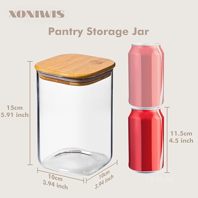 37oz 6PCS Glass Storage Containers with Lids, Glass Jars with Lids Pantry Food Storage Jars, Square Canister For Cookie, Nuts, Snack, Cereal, Candy, LeafTea, Coffee, Spice