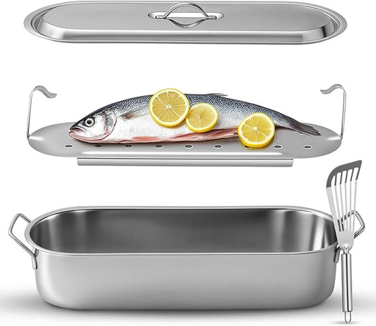Maxdot 2 Pcs Stainless Steel Endurance Collection Fish Poaching Set, 20 Inch Removable Fish Poacher Rack with Stainless Steel Kitchen Spatula for Cooking, Flipping, Turning, Frying and Grilling