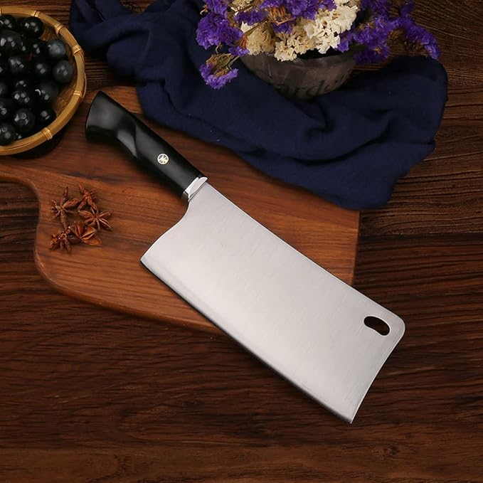 WILDMOK Chopping Knife, 7.3 Inch Meat Cleaver Knife, Thickened Blade for Bones Chopper, 9Cr18MoV Stainless Steel with Ebony Wood Handle - Fen Series