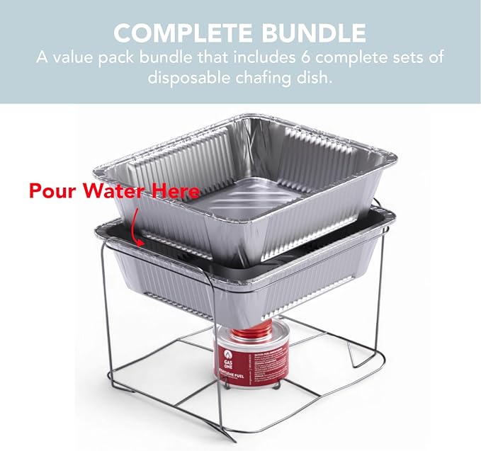 6 Pack - Disposable Chafing Dish Buffet Set, Welded Body Food Warmers for Parties, Fuel Cans Complete Set, Half Size Pans, Warming Trays