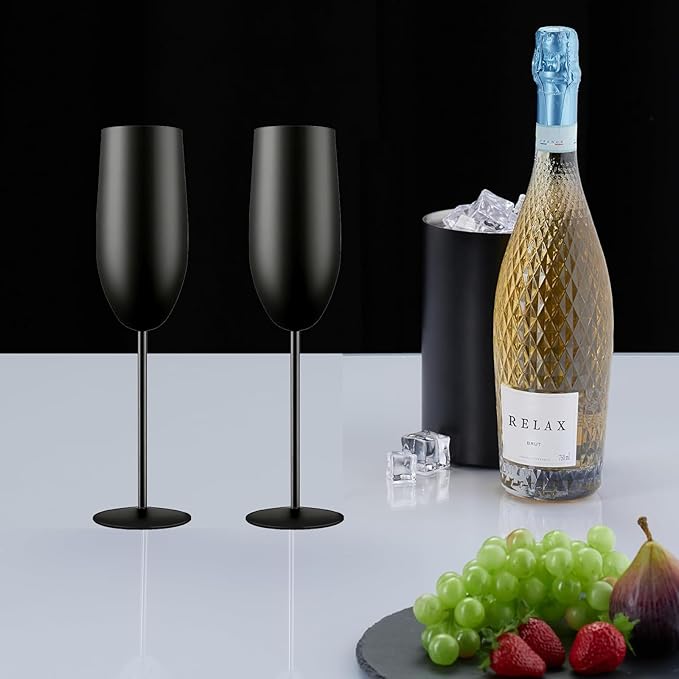 Champagne Glasses Set of 2 Stainless Steel Champagne Flutes Wedding Gifts for Bride 8.5 oz Unbreakable Champagne Glasses for Party Wedding Christmas Anniversary Brithday (Matte-Black)