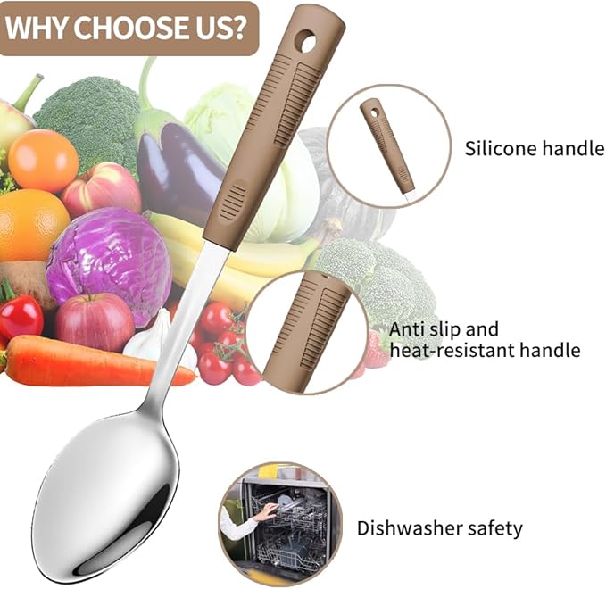 2-Piece,Stainless Steel Serving spoons set with Slotted Spoon.Serving Spoon and Perforated Spoon, kitchen cooking serving utensils set cooking spoon-brown