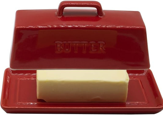Ceramic Butter Dish With Lid for Countertop, Covered Butter Container, Large Butter Holder With Lid, Butter Tray With Handle Red