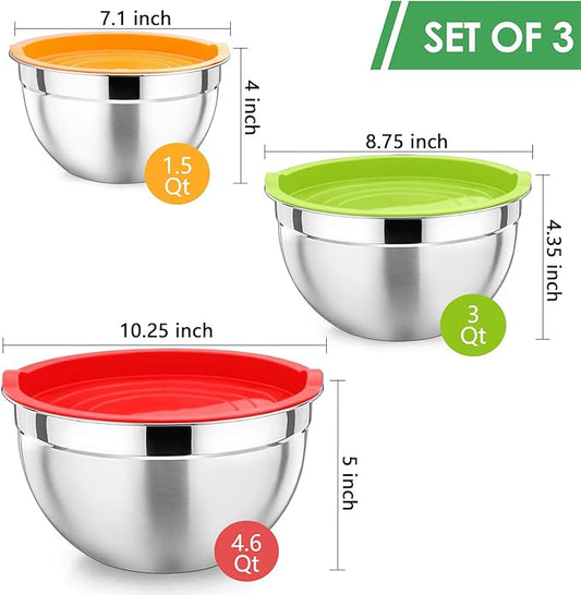 P&P CHEF Multicolor Mixing Bowls with Lids, Set of 3, Stainless Steel Salad Nesting Bowl for Mixing, Storing, Prepping, Airtight & Stackable, Size 4.6/3 /1.5 QT