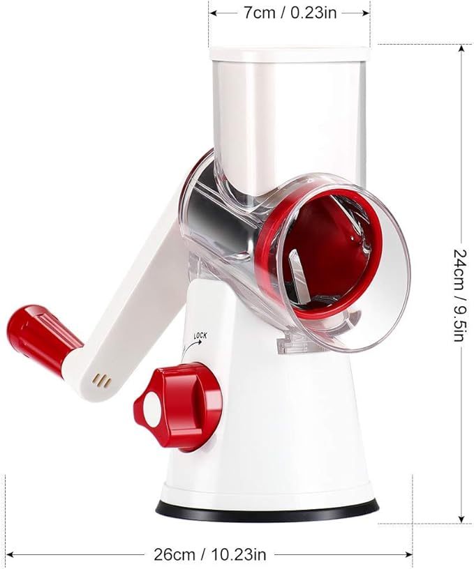 Ourokhome Rotary Cheese Grater Hand Crank, Kitchen Shredder Speed Mandolin Slicer Nuts Grinder with Handle and Drum Blades for Cheese, Vegetable, Chocolate, Potato, Carrot, 3 Blades, White Red