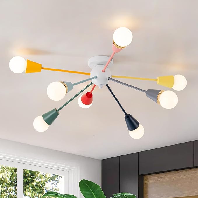 Colorful Chandelier, 8-Light Modern Sputnik Chandelier, Kids Ceiling Light with Multi Color Rainbow Semi Flush Mount Ceiling Lights for Living Room Dining Room Bedroom Playroom E26 Base
