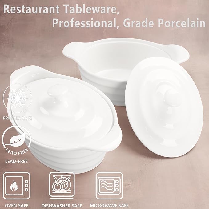 Casserole Dish 25 oz, French Onion Soup Ceramic Bakeware Set with Lids, Ceramic Mini Cocotte Set, Baking Dish with Lids and Handles, Microwave, Dishwasher, Oven Safe 9.6 Inch