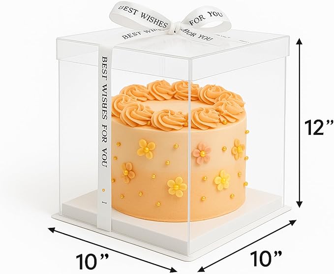 Sweet Degrees Clear Plastic Cake Boxes 10"x10"x12" – 2 Pack | Ribbon Included |Tall Square Cake Containers with Lids | Reusable Dessert Boxes for Birthday Cakes, Storage & Delivery