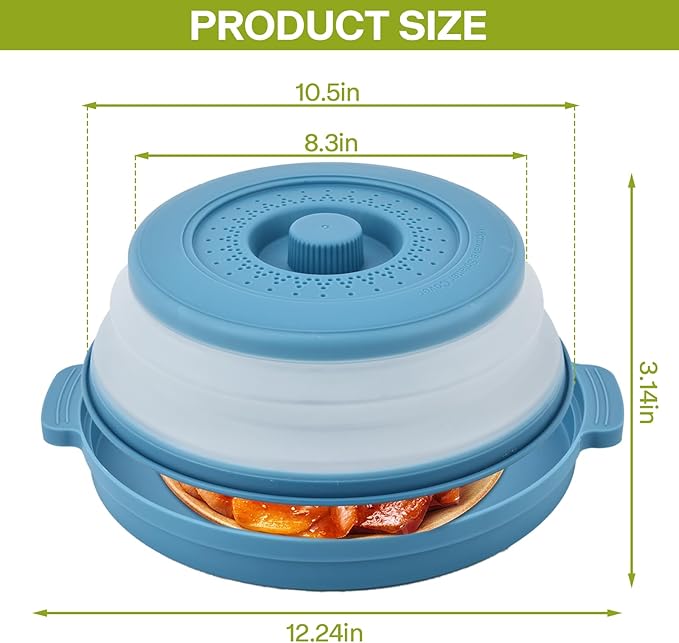 Microwave Cover for Food & Anti-scald Base,Large Collapsible Microwave Splatter Cover,Plastic & Silicone Vented Guard Lid for Meal, Plate Holder & Kitchen Colander(Blue)
