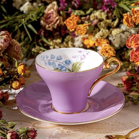 Aynsley Handpainting Colored Glaze Lily of the Valley Corset Fine Bone China English Tea Cup and Saucer Set, 6.1 oz (Purple)