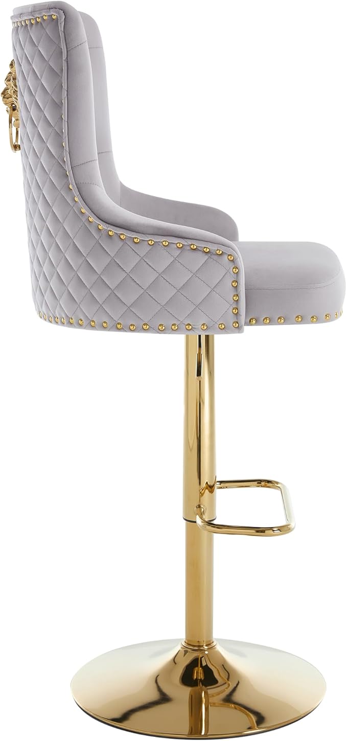 Velvet Gold Barstools Set of 2, Modern Counter Height Adjustable Swivel Stools Chairs with High Tufted Backrest Golden Base Lion Head Pull Ring Rivet Trim for Kitchen (Grey)