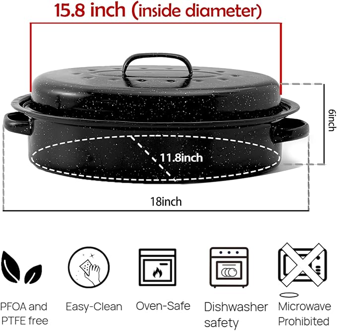 Enamel Roasting Pan With Lid and Rack 13" 18"Granite Roaster Pans Set With Rack Suitable Cooking Poultry Baking Turkey Bread Beef Resists Up to 932°F,Dishwasher Safe,Holiday Gifts CookWare