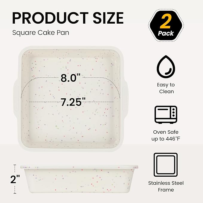 Vinino 8 inch Silicone Square Cake Pan with Metal Reinforced Frame Set of 2, Nonstick Silicone Brownie Pans BPA Free Suitable for Making Cakes, Brownies, Bread