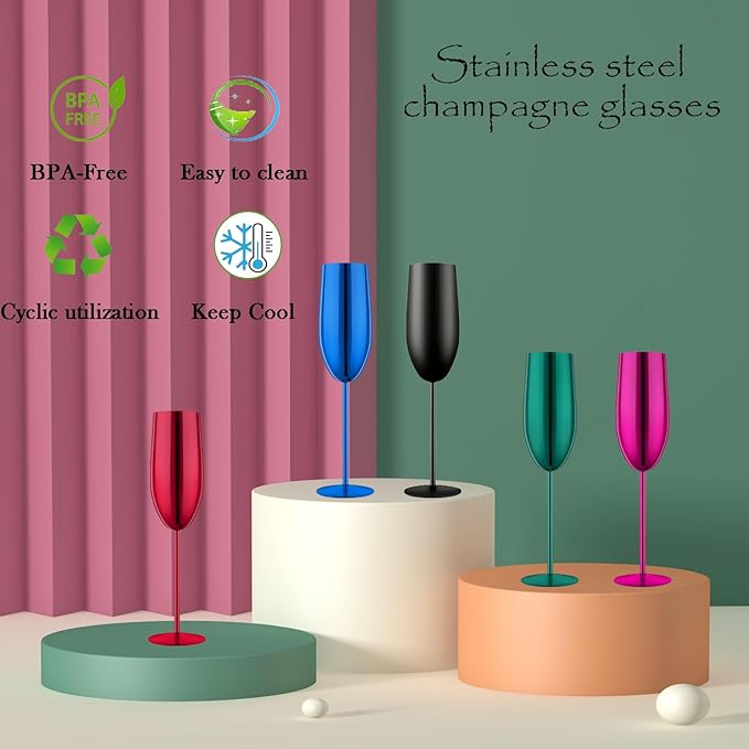 Champagne Glasses Set of 2 Stainless Steel Champagne Flutes Wedding Gifts for Bride 8.5 oz Unbreakable Champagne Glasses for Party Wedding Christmas Anniversary Brithday (Green)