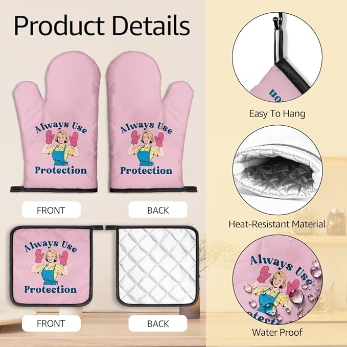 Always Use Protection Oven Mitts and Pot Holders Sets, Funny Retro Kitchen Oven Mitts for Baker, Housewarming Gifts for Foodies Housewives Baker Lover, Hostess Gifts for Mom, Baking Present
