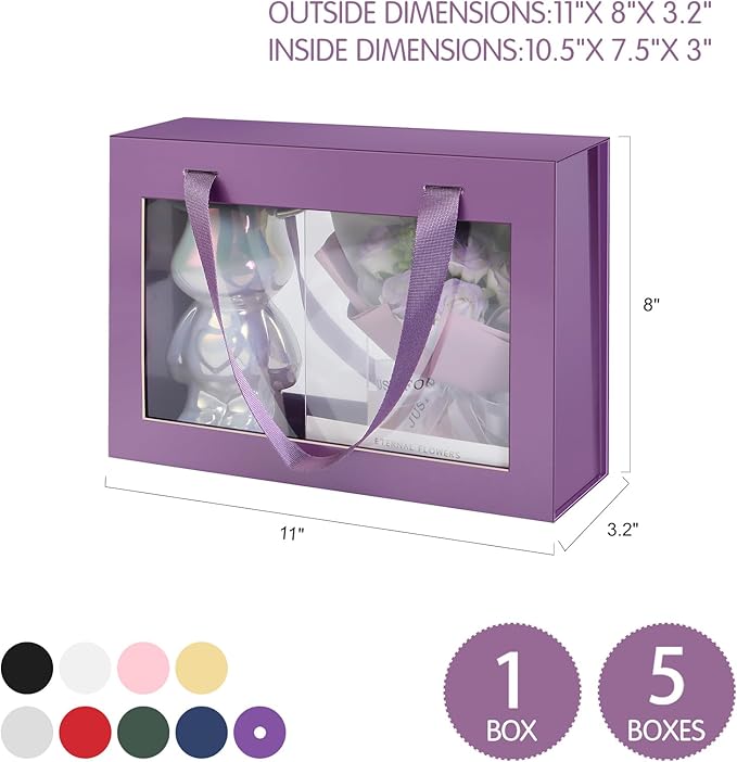 Purple Gift Box with Window, Gift Box with Lid and Handle, Clear Magnetic Gift Box for Present, Bridesmaid Proposal Box (10.5x7.5x3 Inches