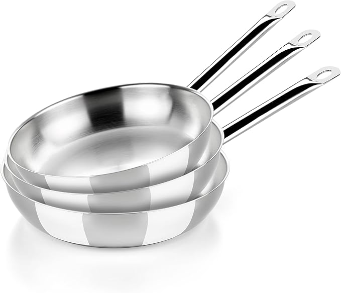 BRA COOKWARE Profesional 3 Frying Pan Set | 8 + 9.5 + 10.2 inches Professional Skillet | Stainless Steel Pan w/o Non-Stick | All Stovetop Compatible Skillet | 100% FOA Free | Brushed Finish