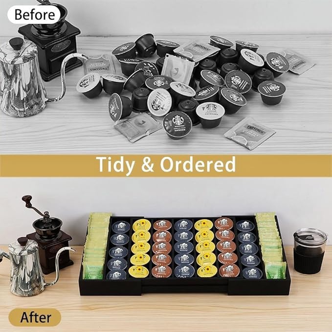 K Cup Holder Bamboo Coffee Pod Holder Drawer Organizer, Expandable K Cup Pod Storage Tea Bag Storage for Coffee Station Home Office and Kitchen （Black