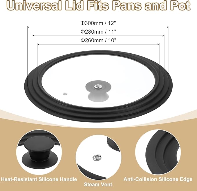 uxcell 1Pcs Universal Lid for Pot Fit 10, 11, 12 Inch Diameter Cookware, Replacement Pan Lids with Heat Resistant Silicone Rim, Steam Vent Pan Lid for Pots, Frying Pans, Skillets, Black
