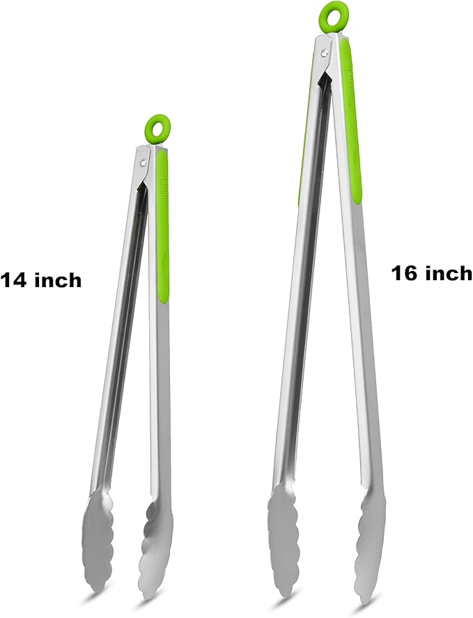 304 Stainless Steel Kitchen Cooking Tongs, 14" and 16" Set of 2 Sturdy Grilling Barbeque Brushed Locking Food Tongs with Ergonomic Grip, Green