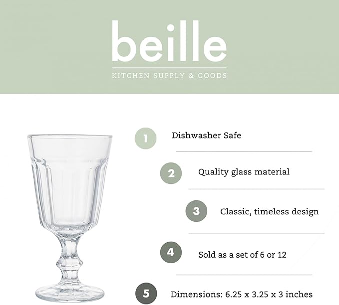 Beille Set of 4 Clear Classic Goblet Water Glasses Home Decor Glassware, 7.43oz
