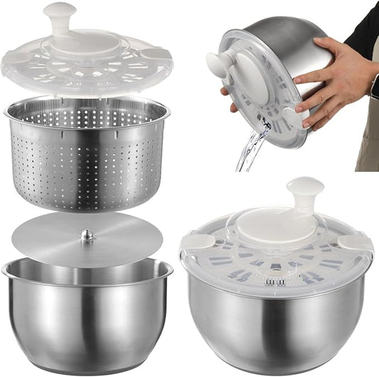 Vegetable Lettuce Spinner Strainer Set, Large Fruit Straining Spinner, Stainless Steel Salad Spinner With Lid Self-Locking