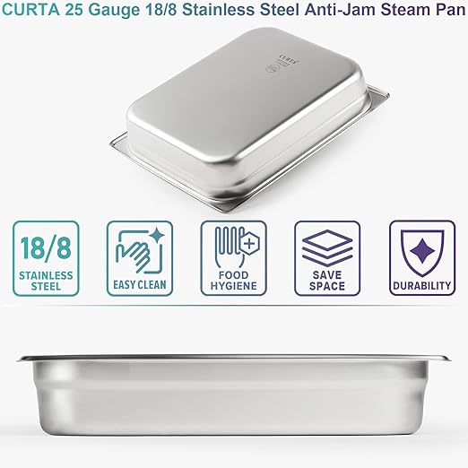CURTA 6 Pack Anti-Jam Hotel Pans, 1/2 Size 2 1/2 Inch Deep, NSF Commercial 18/8 Stainless Steel Chafing Steam Table Pan, Catering Storage Metal Food Pan