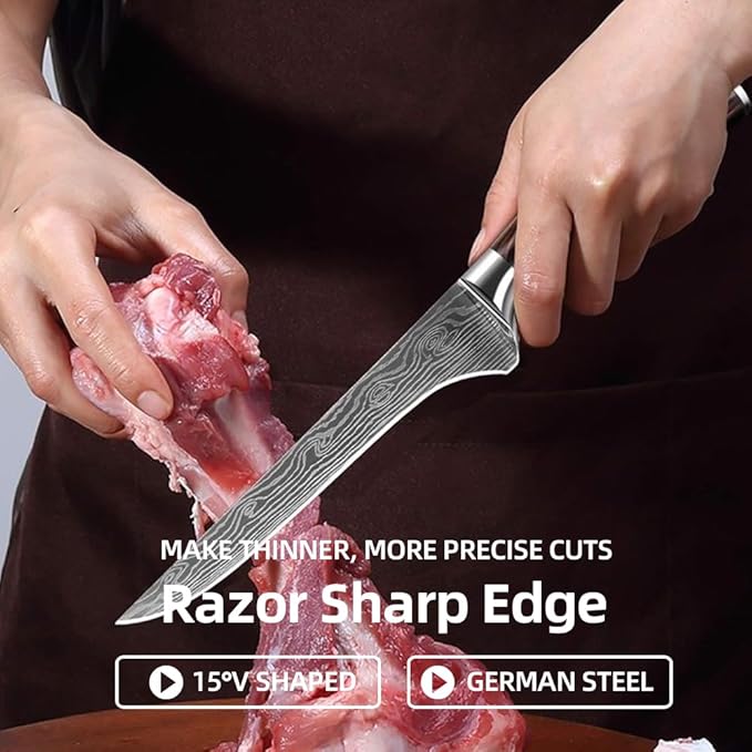 Boning Knife, 7 inch Butcher Knife, Professional Japanese Chef Knives with High Carbon Stainless Steel Ultra, Sharp Chefs Knives with Ergonomic Color Wooden Handle for Cooking Meat, Fish.