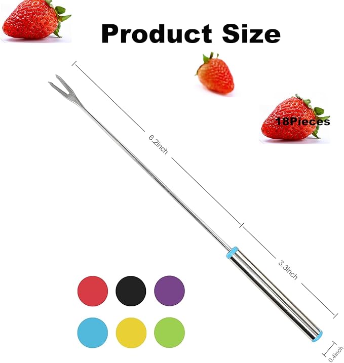 Set of 18 Stainless Steel Fondue Forks 9.5 Inches Color Coded Cheese Fondue Sticks with Heat Resistant Handle for Fondue Chocolate Fruits