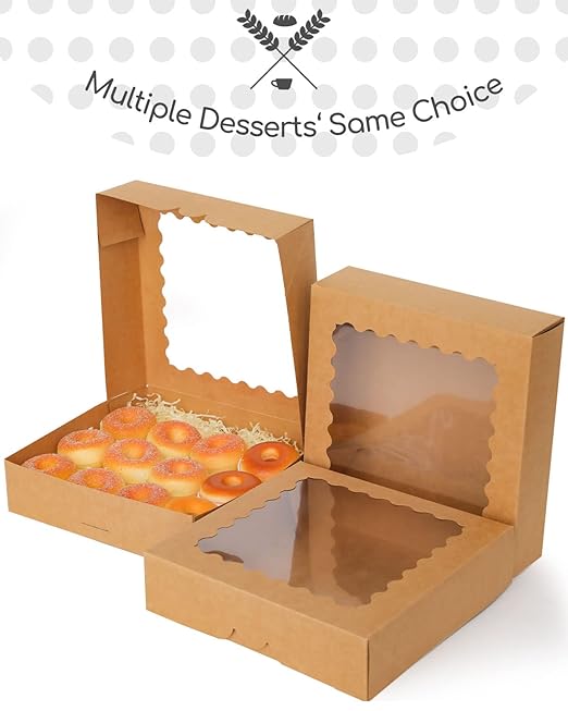 qiqee Auto-pop up Brown Pie Boxes with Window 10x10x2.5 inch 30Packs Cookie Donut Bakery Box
