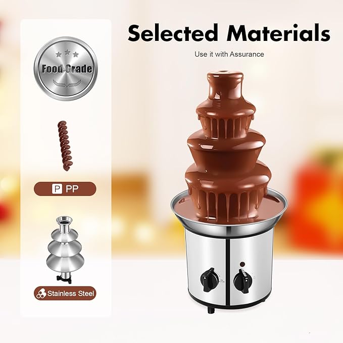 4 Tier Chocolate Fountian Electric Chocolate Fondue Melting Machine 60-Ounce Stainless Steel Luxury Cheese Cascading Fondue for Parties