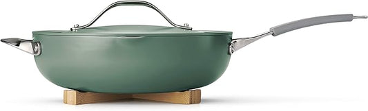 Tramontina All-in-One Plus Pan Set, 5-Quart Ceramic Non Stick Cooking Pan with Lid, Steamer Insert, Bamboo Utensil and Trivet, Green